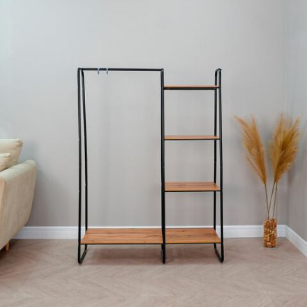 Вешалка-стеллаж "Скандинавия-1", 1470х1100х385 мм, 5 полок, металл/ЛДСП, черная/дуб, ГСС1 Ч Вешалка-стеллаж "Скандинавия-1", 1470х1100х385 мм, 5 полок, металл/ЛДСП, черная/дуб, ГСС1 Ч