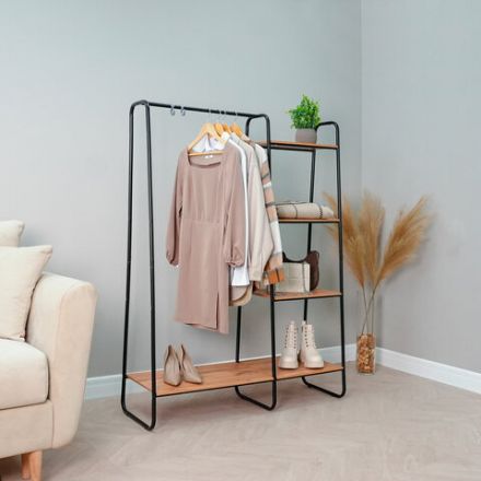 Вешалка-стеллаж "Скандинавия-1", 1470х1100х385 мм, 5 полок, металл/ЛДСП, черная/дуб, ГСС1 Ч Вешалка-стеллаж "Скандинавия-1", 1470х1100х385 мм, 5 полок, металл/ЛДСП, черная/дуб, ГСС1 Ч