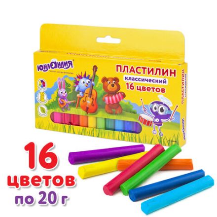 Пластилин классический ЮНЛАНДИЯ "ЮНЛАНДИК-МУЗЫКАНТ", 16 цветов, 320 г, ВЫСШЕЕ КАЧЕСТВО, 105030