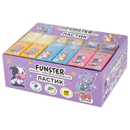 Ластик FUNSTER (ФАНСТЕР) "PETS", 50х21х16 мм, прямоугольный, картонный держатель, экологичный ПВХ, ассорти, 272725