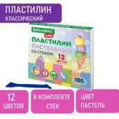 Пластилин классический пастельные цвета BRAUBERG KIDS, 12 цветов, 180 грамм, стек, 106681