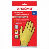 Перчатки МНОГОРАЗОВЫЕ латексные LAIMA "ПРЕМИУМ", хлопчатобумажное напыление, СВЕРХПЛОТНЫЕ, размер 7-8, M (средний), желтые, вес 60 г, 600571