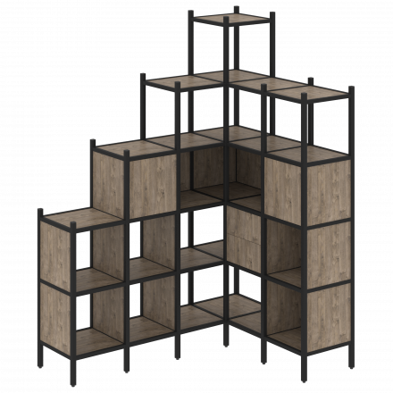 Loft Угловой внутренний стеллаж наборный VR.L-44 Тиквуд тёмный/Чёрный металл 1694*1278*2280