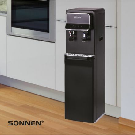 Кулер для воды SONNEN FSE-02WB, напольный, нагрев/охлаждение, НИЖНЯЯ ЗАГРУЗКА, 2 крана, черный, 456169