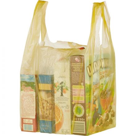 Пакет-майка Знак Качества ПНД желтый 18 мкм (30+14x57 см, 100 штук в упаковке)