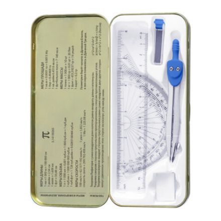 Готовальня BRAUBERG SCHOOL KIT, 8 предметов, циркуль 115 мм, чертежные принадлежности, металлический пенал со справочными материалами,210712