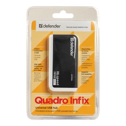 Хаб USB 2.0, 4 порта, порт для питания, черный, DEFENDER QUADRO INFIX, 83504