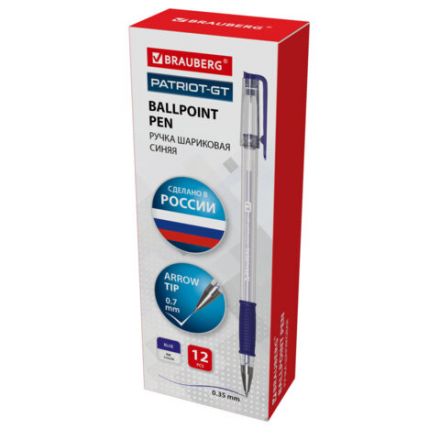 Ручка шариковая РОССИЯ "PATRIOT-GT", СИНЯЯ, корпус прозрачный, 0,7 мм, линия письма 0,35 мм, BRAUBERG, 143961