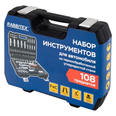 Набор инструментов для автомобиля, 108 предметов, пластиковый кейс, RABBITEX (РАББИТЕКС), 671339 Набор инструментов для автомобиля, 108 предметов, пластиковый кейс, RABBITEX (РАББИТЕКС), 671339