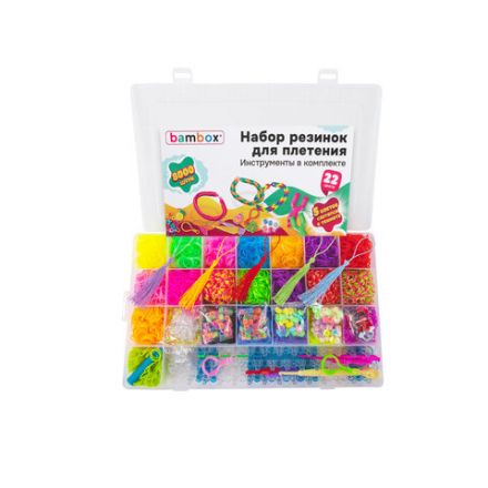 Набор резинок для плетения украшений 8 000 шт., 22 цвета, бокс, бусины, станок, BAMBOX (БАМБОКС), 665975