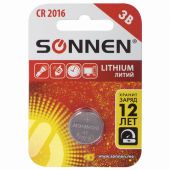 Батарейка литиевая SONNEN Lithium CR2016 "таблетка, дисковая, кнопочная" 1 шт., блистер, 451972
