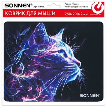Коврик для мыши SONNEN "NEON CAT" резина + ткань, 250х200х2 мм, 513956 Коврик для мыши SONNEN "NEON CAT" резина + ткань, 250х200х2 мм, 513956