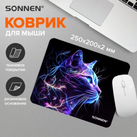 Коврик для мыши SONNEN "NEON CAT" резина + ткань, 250х200х2 мм, 513956 Коврик для мыши SONNEN "NEON CAT" резина + ткань, 250х200х2 мм, 513956