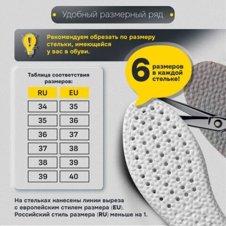 Стельки для обуви АНАТОМИЧЕСКИЕ ДЫШАЩИЕ, материал PU PRO, размер RU 34-39 / EU 35-40, с линиями выреза, SHEGRA (ШЕГРА), 700738