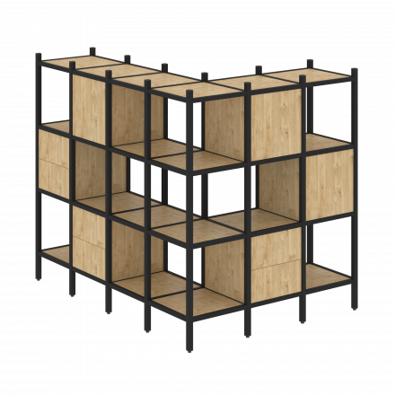 Loft Угловой внешний стеллаж наборный VR.L-52 Тиквуд светлый/Чёрный металл 1694*1278*1458