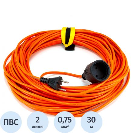 Удлинитель КОМУС ПВС 2х0,75кв.мм. 30м 6А без/з.,без/загл.,IP20,цвет оранж