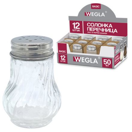 Солонка-перечница 50 мл, BASIC, баночка для специй, стекло/сталь, дисплей, WEGLA (ВЕГЛА), 700224