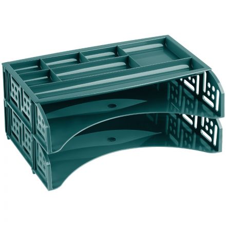 Лоток для бумаг горизонтальный СТАММ "Field", набор 2шт. + органайзер, зеленый NY Лоток для бумаг горизонтальный СТАММ "Field", набор 2шт. + органайзер, зеленый NY