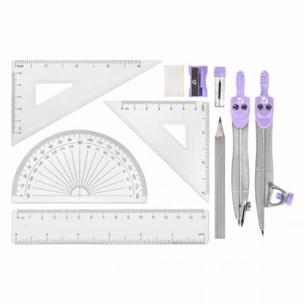 Готовальня BRAUBERG SCHOOL KIT, 11 предметов, циркуль 115 мм, циркуль 125 мм, чертежные принадлежности, лавандовый цвет, 210714
