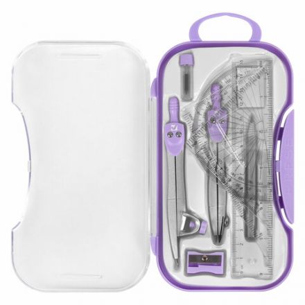 Готовальня BRAUBERG SCHOOL KIT, 11 предметов, циркуль 115 мм, циркуль 125 мм, чертежные принадлежности, лавандовый цвет, 210714