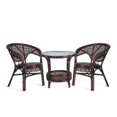 ТЕРРАСНЫЙ КОМПЛЕКТ "PELANGI" (стол со стеклом + 2 кресла) /без подушек/ ротанг, кресло 65х65х77см, стол диаметр 64х61см, walnut (грецкий орех)