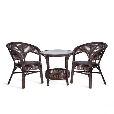 ТЕРРАСНЫЙ КОМПЛЕКТ "PELANGI" (стол со стеклом + 2 кресла) /без подушек/ ротанг, кресло 65х65х77см, стол диаметр 64х61см, walnut (грецкий орех)