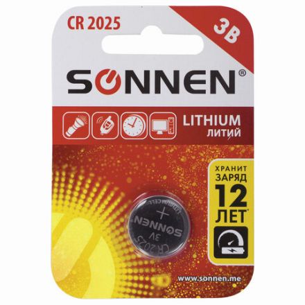 Батарейка литиевая SONNEN Lithium CR2025 "таблетка, дисковая, кнопочная" 1 шт., блистер, 451973 Батарейка литиевая SONNEN Lithium CR2025 "таблетка, дисковая, кнопочная" 1 шт., блистер, 451973