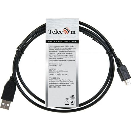 Кабель USB 2.0 A-->mini-B 5P (1м) черный, Telecom<TC6911BK-1.0M