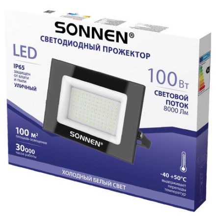 Прожектор светодиодный 100 Вт, 6500 К, 8000 Лм, 100 м2, IP65, 250x178x27 мм, черный, SONNEN, 238415