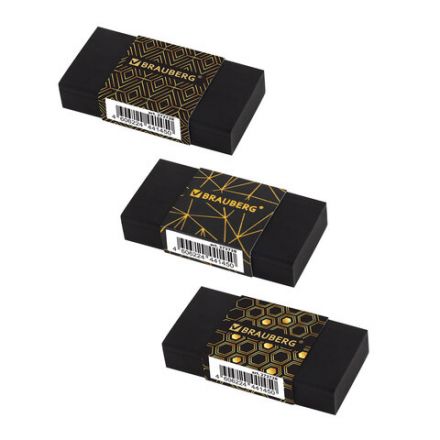 Ластик BRAUBERG "GOLDEN BLACK", 50х24х10 мм, прямоугольный, картонный держатель, экологичный ПВХ, ассорти, 272728