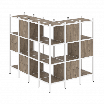 Loft Угловой внешний стеллаж наборный VR.L-52 Тиквуд тёмный/Белый металл 1694*1278*1458