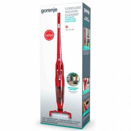 Пылесос вертикальный беспроводной GORENJE SVC252GFR 2 в 1, мощность 161 Вт, контейнер 0,5 л, красный