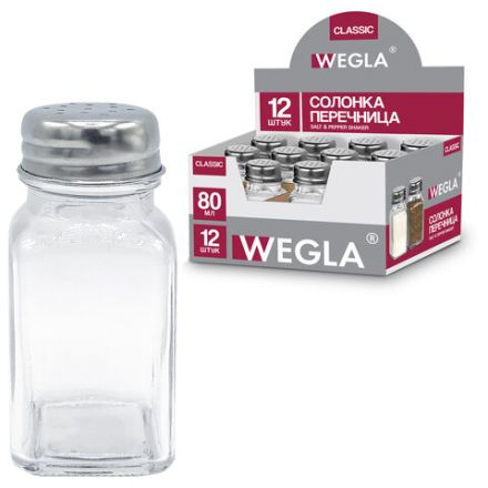 Солонка-перечница 80 мл, CLASSIC, баночка для специй, стекло/сталь, дисплей, WEGLA (ВЕГЛА), 700225