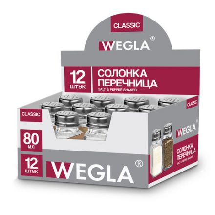 Солонка-перечница 80 мл, CLASSIC, баночка для специй, стекло/сталь, дисплей, WEGLA (ВЕГЛА), 700225