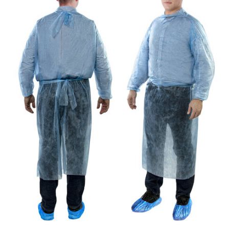 Халат одноразовый голубой на завязках КОМПЛЕКТ 10 шт., XXL, 56-58 размер, 140 см, рукав на резинке, 25 г/м2, СНАБЛАЙН