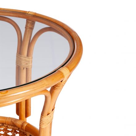 ТЕРРАСНЫЙ КОМПЛЕКТ "PELANGI" (стол со стеклом + 2 кресла) /без подушек/ ротанг, кресло 65х65х77см, стол диаметр 64х61см, Honey (мед)