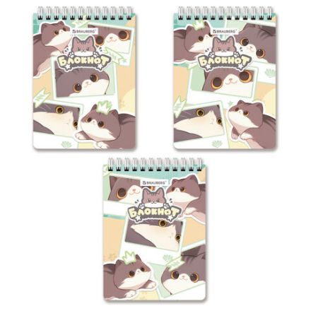 Блокнот МАЛЫЙ ФОРМАТ А6 108х145 мм, 60 л., гребень, картон, клетка, кросс-серия "МИЛЫЕ КОТЫ", BRAUBERG, 116987