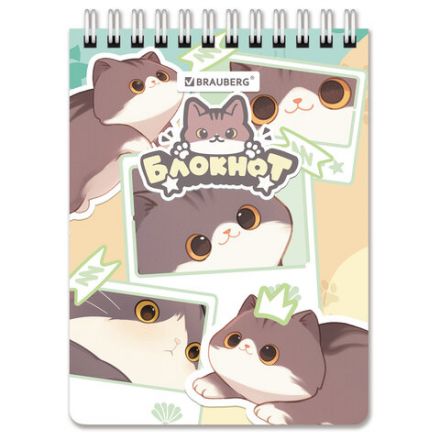 Блокнот МАЛЫЙ ФОРМАТ А6 108х145 мм, 60 л., гребень, картон, клетка, кросс-серия "МИЛЫЕ КОТЫ", BRAUBERG, 116987