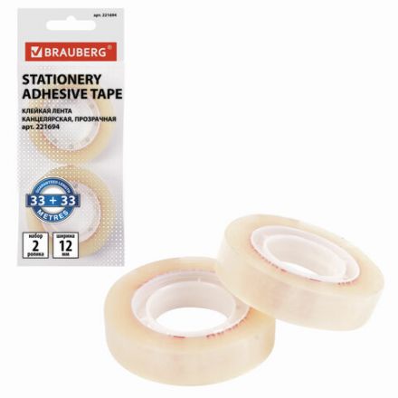 Клейкие ленты 12 мм х 33 м канцелярские BRAUBERG, комплект 2 шт., прозрачные, гарантированная длина, европодвес, 221694 Клейкие ленты 12 мм х 33 м канцелярские BRAUBERG, комплект 2 шт., прозрачные, гарантированная длина, европодвес, 221694