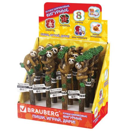 Ручка фигурная "ЛЕНИВЦЫ", СИНЯЯ, 4 дизайна ассорти, 0,5 мм, дисплей, BRAUBERG, 142762 Ручка фигурная "ЛЕНИВЦЫ", СИНЯЯ, 4 дизайна ассорти, 0,5 мм, дисплей, BRAUBERG, 142762