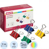 Зажимы для бумаг Attache 51 мм цветные (12 штук в упаковке)