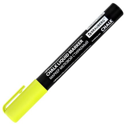 Маркер меловой CHALK LIQUID MARKER, ЖЕЛТЫЙ, 3 мм, стираемый, BRAUBERG "CHALK", 152590