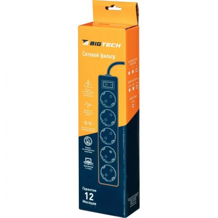 Сетевой фильтр BigTech STD-510-5-W (5р/5м/10А/2,2кВт/1мм2/белый) Сетевой фильтр BigTech STD-510-5-W (5р/5м/10А/2,2кВт/1мм2/белый)