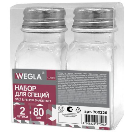 Набор для специй 2х80 мл, CLASSIC, солонка + перечница, стекло/сталь, WEGLA (ВЕГЛА), 700226