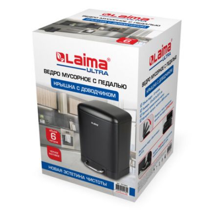 Ведро мусорное с педалью 6 л, крышка с доводчиком, черное матовое, металл, LAIMA ULTRA, 701564