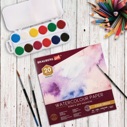 Альбом для акварели, бумага 230 г/м2, 250х250 мм, среднее зерно, 20 листов, склейка, BRAUBERG ART PREMIERE, 113216