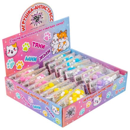 Игрушка-антистресс "ДВУХЦВЕТНАЯ КОШАЧЬЯ ЛАПКА С ПОМПОНАМИ", 7х6 см, ассорти 4 вида, дисплей, JOLLY JOT (ДЖОЛЛИ ДЖОТ), 665768