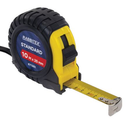 Рулетка измерительная 10 м х 25 мм, обрезиненный корпус, с фиксатором, RABBITEX (РАББИТЕКС) Standard, 671351
