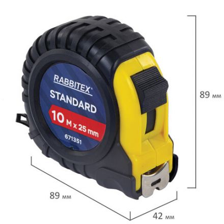 Рулетка измерительная 10 м х 25 мм, обрезиненный корпус, с фиксатором, RABBITEX (РАББИТЕКС) Standard, 671351