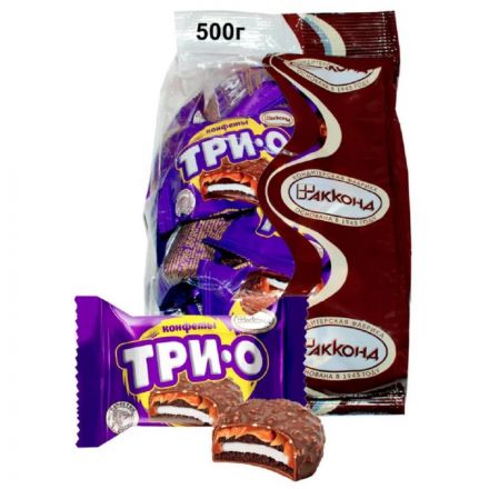 Конфеты ТРИО с печеньем, карамелью и начинкой со вкусом пломбира, 500г